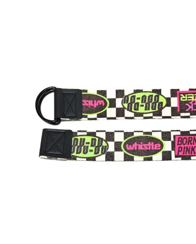 کمربند کنفی با طرح شطرنجی مشکی سفید سبز صورتی قلابدار نما سر و ته روبرو