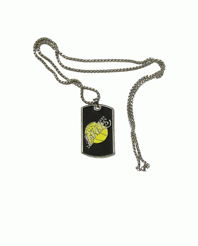 زنجیر و پلاک تیم لس آنجلس لیکرز با لوگو زرد روی پلاک مشکی نما دور